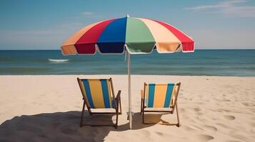 AI generated Beach umbrella with chairs on the sand beach - summer vacation theme header, neural network generated art photo