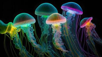 AI generated glowing sea jellyfishes on dark background, neural network generated art photo