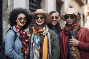 AI generated smiling african american tourists, close group portrait, neural network generated photo