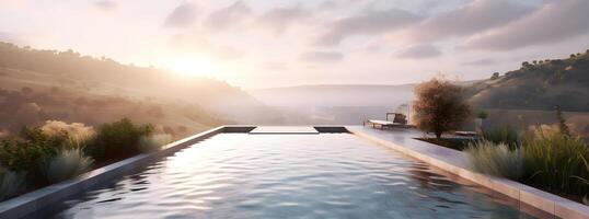 AI generated a pool on terrace with overlooking hill view at expensive villa or rich resort, neural network generated photorealistic image photo