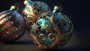 AI generated colorful christmas balls with complex ornaments close-up, neural network generated art photo