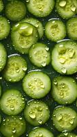 AI generated seamless background and texture of sliced cucumbers with drops of water, neural network generated image photo