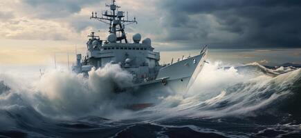 ai generado un imagen de un real naval Embarcacion montando un Oceano ola foto
