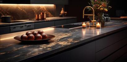 AI generated black kitchen with light golden marble counter top photo