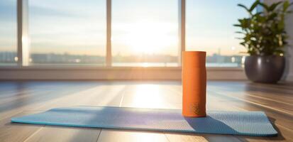 AI generated blue yoga mat in front of a window photo