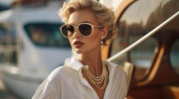 AI generated beautiful blonde woman wearing white clothing in sunglasses on a yacht, photo