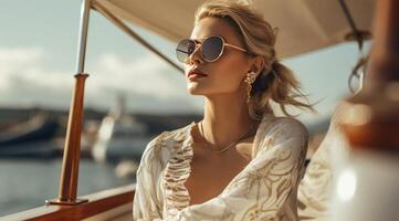 AI generated beautiful blonde woman wearing white clothing in sunglasses on a yacht, photo