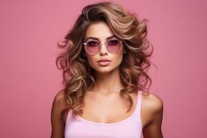 AI generated beautiful woman in pink sunglasses standing with her surprised expression on pink photo