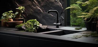 AI generated black kitchen sink with modern fixtures and plants photo