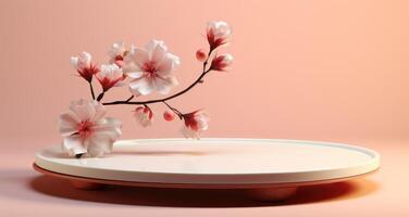 AI generated an empty white cake stand with magnolia flowers, photo