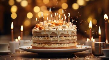 ai generado cumpleaños pastel con un montón de velas en oro plato foto