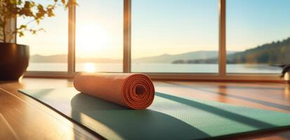 AI generated blue yoga mat in front of a window photo