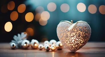 AI generated Christmas heart ornament on table with pine cones in background and bokeh sky photo