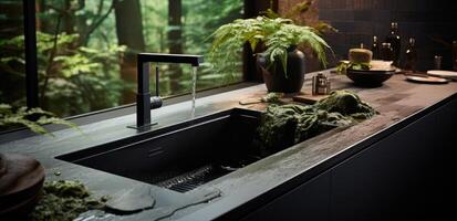 AI generated black kitchen sink with modern fixtures and plants photo