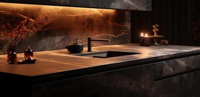 AI generated black kitchen with light golden marble counter top photo