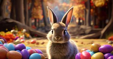 AI generated an easter bunny is looking at a group of colorful eggs photo