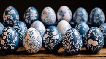 AI generated blue floral painted easter eggs are lined up in rows photo