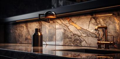 AI generated an image of an old modern kitchen counter with a black lamp photo