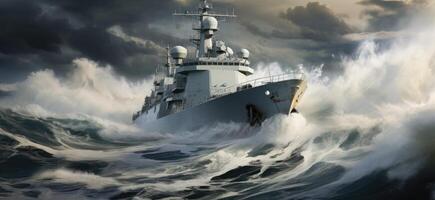 AI generated an image of an actual naval ship riding an ocean wave photo