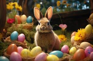 ai generado un Pascua de Resurrección conejito es mirando a un grupo de vistoso huevos foto