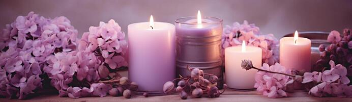 ai generado un imagen de velas y flores con púrpura flores foto