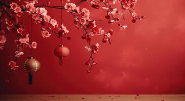 ai generado chino linterna en floración en contra rojo antecedentes foto