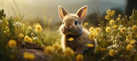 AI generated cute easter bunny sitting in the grass with sunshine photo