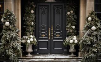 ai generado Navidad puerta decoración frente puertas y porches foto