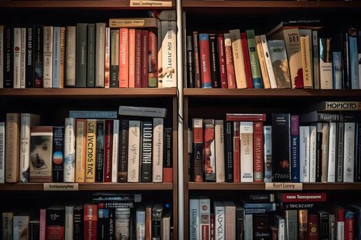 AI generated many books on shelf - full-frame view, neural network ai generated photo