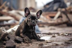 AI generated alone and hungry French Bulldog after disaster on the background of house rubble, neural network generated image photo