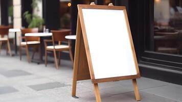 ai generado blanco blanco restaurante tienda firmar o menú tablero cerca el Entrada de calle café a día tiempo, neural red generado imagen foto