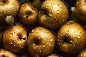 AI generated Fresh golden apples with water drops seamless closeup background and texture, neural network generated image photo