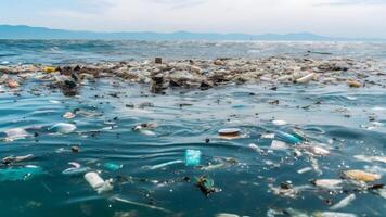 ai generado el plastico basura flotante en Oceano superficie a luz, neural red generado imagen foto