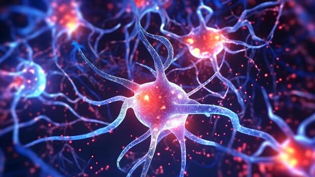 AI generated glowing brain neural cells connected in biological neural network, neural network generated image photo