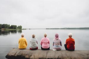 AI generated rear view of group of senior women doing yoga exercises in front of summer morning lake, neural network generated photorealistic image photo