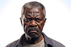 AI generated Angry senior African American man, head and shoulders portrait on white background. Neural network generated image photo