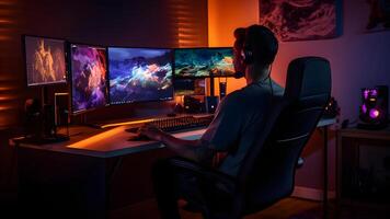 ai generado un multi monitor juego de azar preparar con un alto rendimiento juego de azar computadora con rgb Encendiendo, un jugador sentado en un ergonómico silla y utilizando un juego de azar ratón y teclado foto