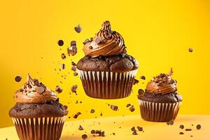 AI generated Flying chocolate muffins, or cupcakes on yellow background, neural network generated photorealistic image photo