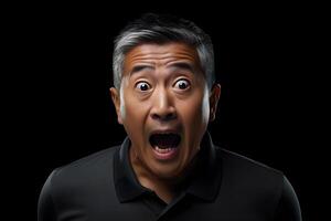 AI generated Surprised Asian man on black background. Neural network generated photorealistic image. photo