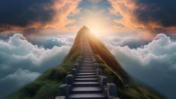 AI generated stairway to heaven on green mountain chine, neural network generated image photo