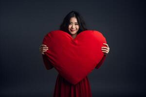AI generated smiling Asian woman holding big red heart pillow on dark grey background, neural network generated photorealistic image photo