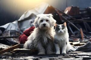 ai generado solo y hambriento mascotas después desastre en el antecedentes de casa escombros, neural red generado imagen foto