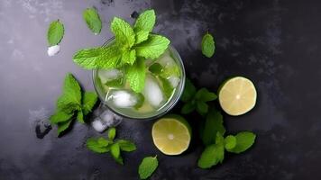 AI generated Top view of refreshing mint cocktail mojito in a glass on black background with lime, mint leaves and ice, neural network generated image photo