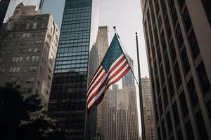 ai generado el bandera de el unido estados en frente de el rascacielos en genérico nosotros céntrico distrito a tiempo de día, neural red generado imagen foto