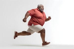 ai generado exceso de peso africano americano hombre corriendo en blanco fondo, concepto de exceso de peso y peso pérdida. neural red generado fotorrealista imagen foto