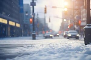 AI generated American downtown street view at snowy winter morning, neural network generated image photo