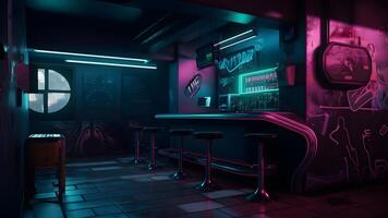 AI generated cyberpunk style bar dark interior concept with neon lights, neural network generated image photo