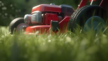 AI generated close up of orange lawn mower in action on lawn at sunny summer day, neur al network generated image photo
