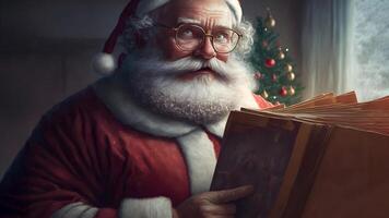 AI generated Santa Claus holding large pack of letters and looking meaningfully into the camera, neural network generated art photo