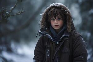 AI generated Caucasian boy lost in forest at snowy winter day, neural network generated photorealistic image photo